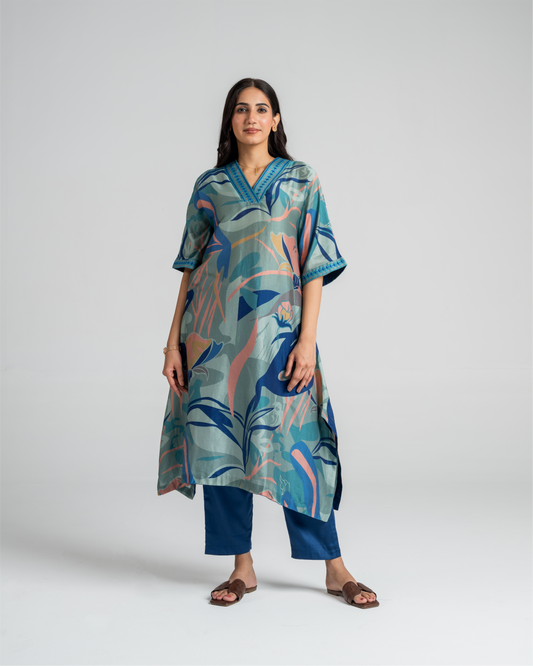 Blue Lagoon Kurta Set with Embroidery Detailing