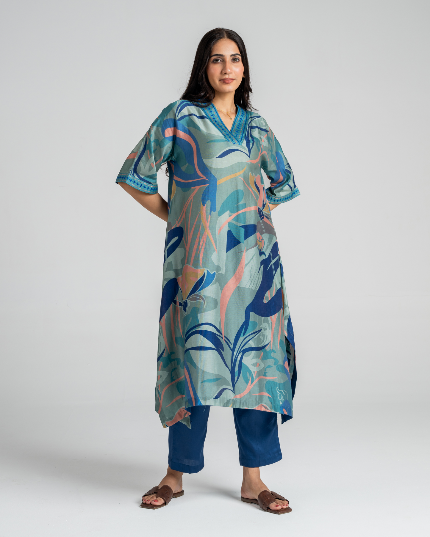 Blue Lagoon Kurta Set with Embroidery Detailing